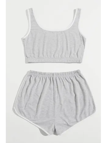 Kadın Gri Askılı Crop Top Ve Şortlu Gecelik Takım