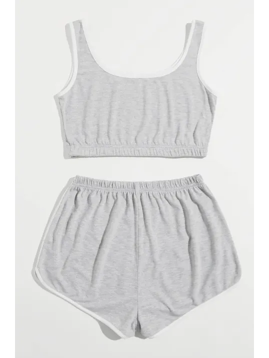 Kadın Gri Askılı Crop Top Ve Şortlu Gecelik Takım