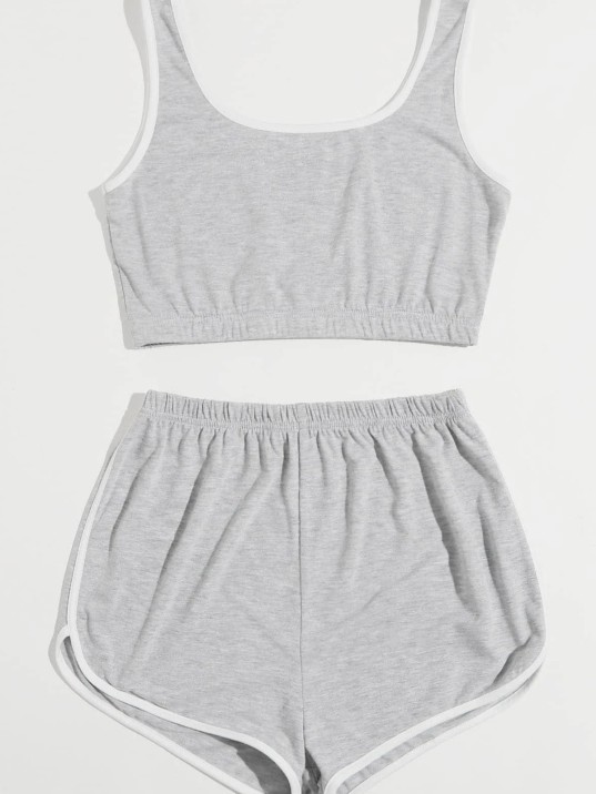 Kadın Gri Askılı Crop Top Ve Şortlu Gecelik Takım