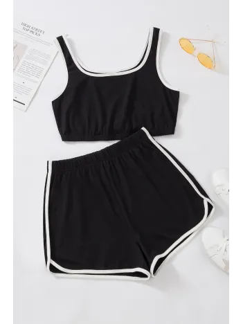 Kadın Siyah Askılı Crop Top Ve Şortlu Gecelik Takım