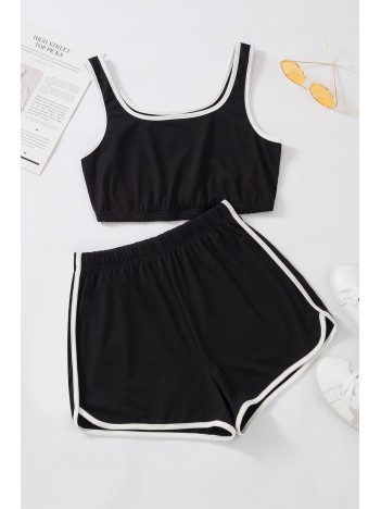 Kadın Siyah Askılı Crop Top Ve Şortlu Gecelik Takım