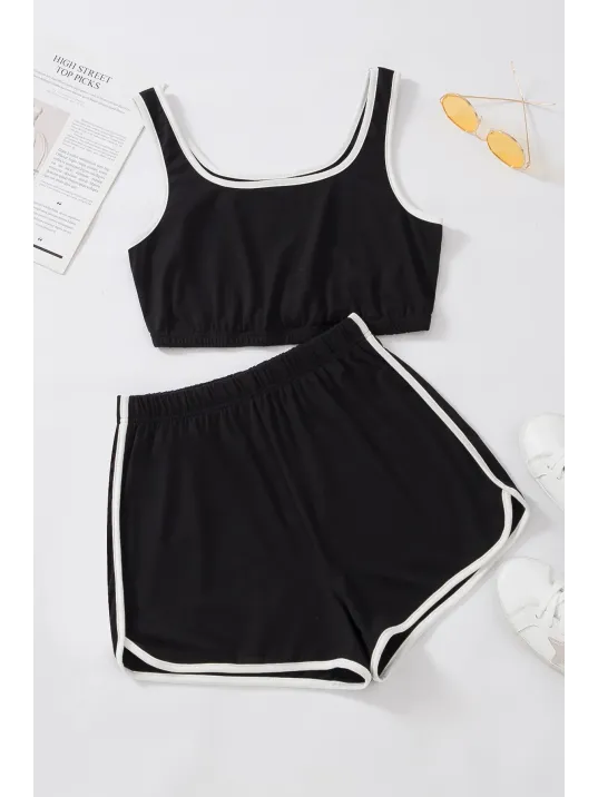 Kadın Siyah Askılı Crop Top Ve Şortlu Gecelik Takım