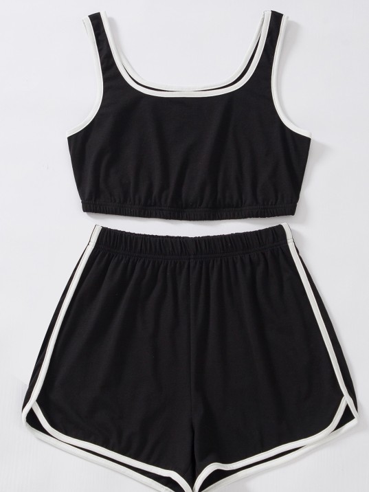 Kadın Siyah Askılı Crop Top Ve Şortlu Gecelik Takım