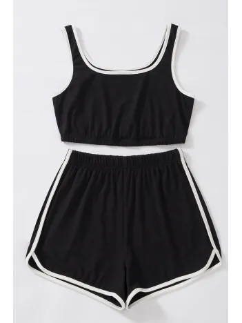 Kadın Siyah Askılı Crop Top Ve Şortlu Gecelik Takım