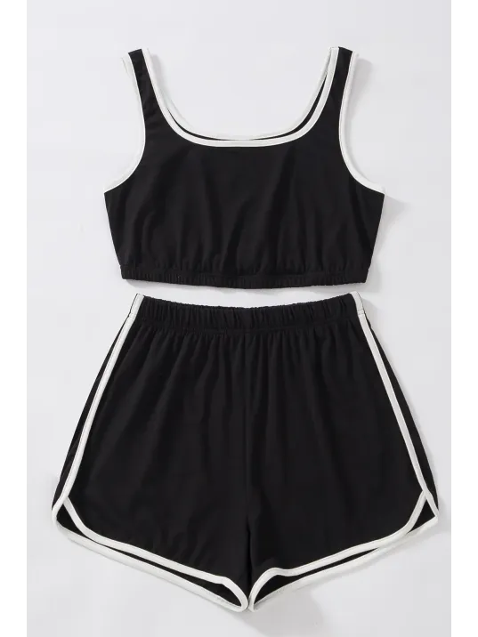 Kadın Siyah Askılı Crop Top Ve Şortlu Gecelik Takım