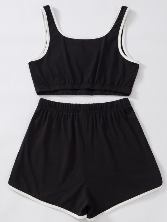 Kadın Siyah Askılı Crop Top Ve Şortlu Gecelik Takım