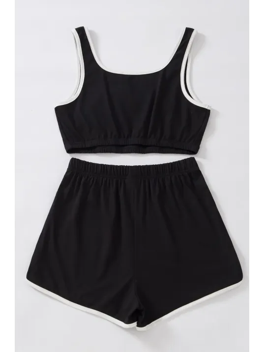 Kadın Siyah Askılı Crop Top Ve Şortlu Gecelik Takım