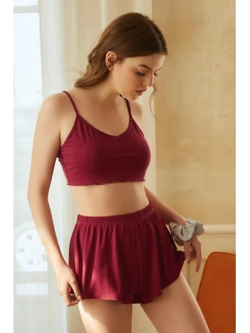 Kadın Bordo Şortlu Kaşkorse Gecelik Takım