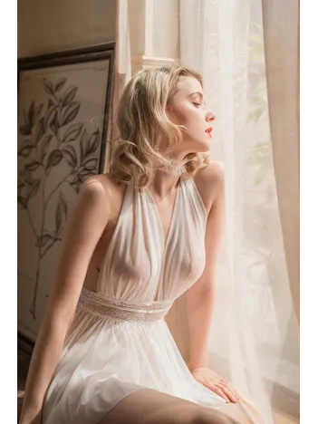 Kadın Beyaz Sırtı Açık Beli Dantelli Gecelik  Takım