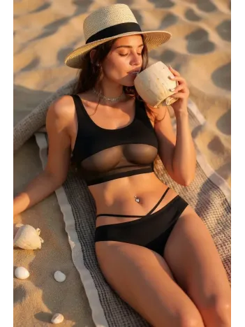 Kadın Siyah Çapraz Ip Detaylı Şık Bikini Takımı – Modern, Konforlu