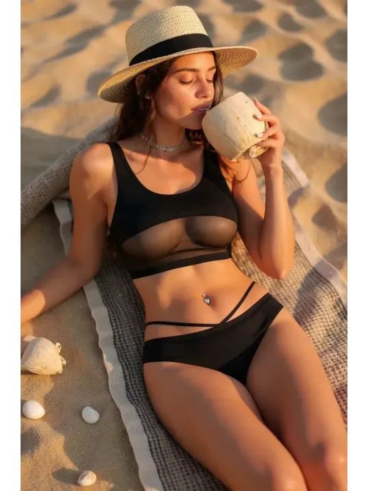 Kadın Siyah Çapraz Ip Detaylı Şık Bikini Takımı – Modern, Konforlu