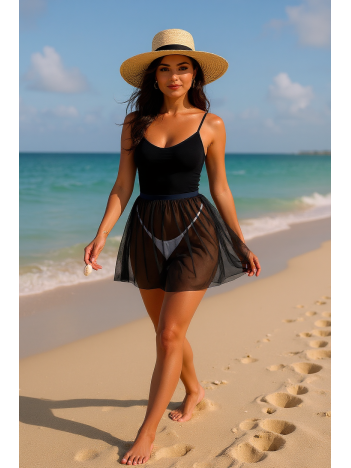 Kadın Siyah Tül Beli Lastikli Etek Görünümlü Pareo – Modern ve Şık Tasarım