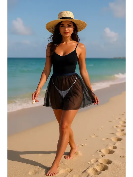 Kadın Siyah Tül Beli Lastikli Etek Görünümlü Pareo – Modern Ve Şık Tasarım