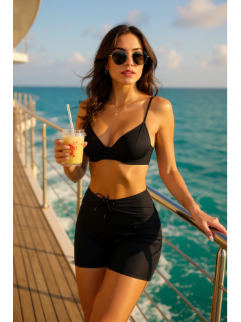 Kadın Siyah Önden Bağcıklı Deniz Şortu – Modern ve Şık Tasarım