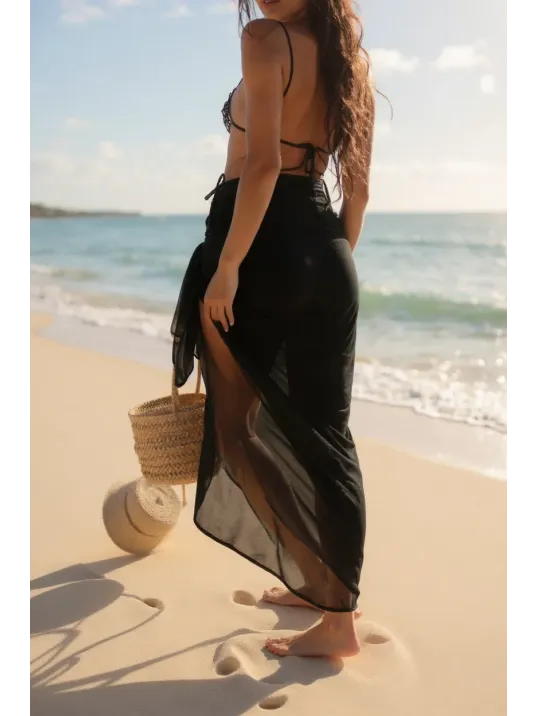 Kadın Siyah Bodrum Stili Bağlama Detaylı 150x75 Pareo – Modern Ve Şık Tasarım