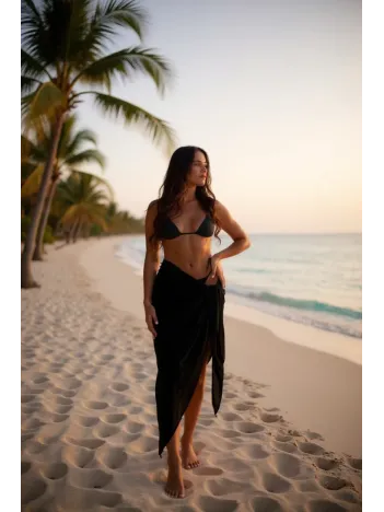 Kadın Siyah Bodrum Stili Bağlama Detaylı 150x75 Pareo – Modern Ve Şık Tasarım