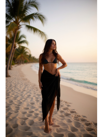 Kadın Siyah Bodrum Stili Bağlama Detaylı 150x75 Pareo – Modern ve Şık Tasarım