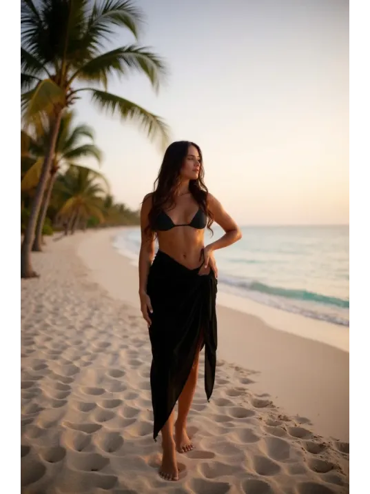 Kadın Siyah Bodrum Stili Bağlama Detaylı 150x75 Pareo – Modern Ve Şık Tasarım