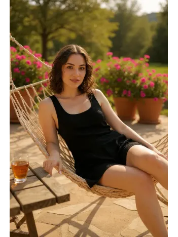 Kadın Siyah Mini Cepli Tulum Plaj Elbisesi – Şık, Rahat Ve 4 Mevsim Kullanıma Uygun