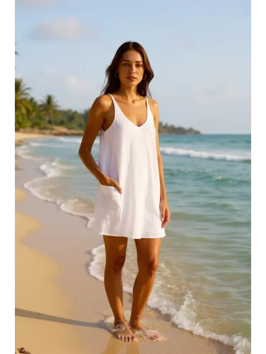 Kadın Beyaz Mini Cepli Tulum Plaj Elbisesi – Şık, Rahat Ve 4 Mevsim Kullanıma Uygun