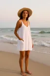 Kadın Beyaz Mini Cepli Tulum Plaj Elbisesi – Şık, Rahat Ve 4 Mevsim Kullanıma Uygun