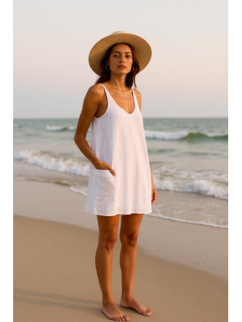 Kadın Beyaz Mini Cepli Tulum Plaj Elbisesi – Şık, Rahat ve 4 Mevsim Kullanıma Uygun