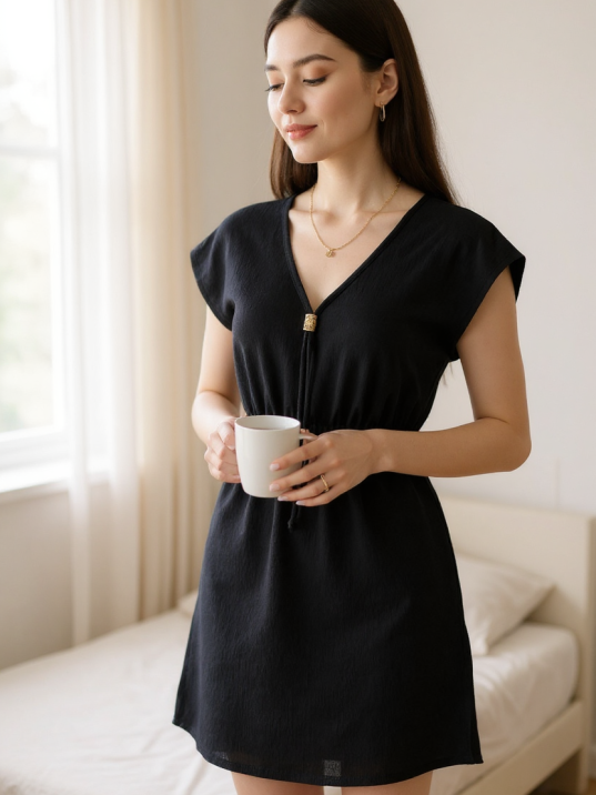 Kadın Siyah Yanları Yırtmaçlı Tokalı V Yaka Mini Plaj Elbisesi – Şık, Rahat Ve 4 Mevsim Kullanıma Uygun Kadın Siyah Yanları Yırtmaçlı Tokalı V Yaka Mini Plaj Elbisesi – Şık, Rahat Ve 4 Mevsim Kullanıma Uygun