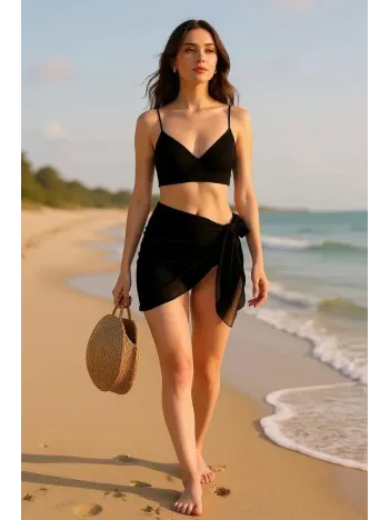 Kadın Siyah Transparan Belden Bağlamalı Pareo – Modern Ve Şık Tasarım