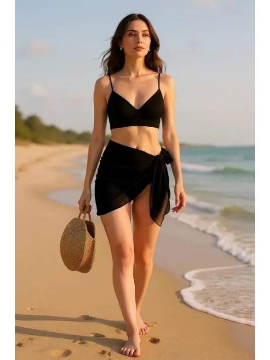 Kadın Siyah Transparan Belden Bağlamalı Pareo – Modern Ve Şık Tasarım