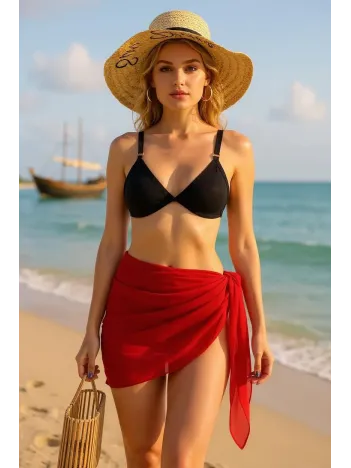 Kadın Kırmızı Transparan Belden Bağlamalı Pareo – Modern Ve Şık Tasarım