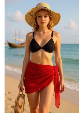 Kadın Kırmızı Transparan Belden Bağlamalı Pareo – Modern Ve Şık Tasarım