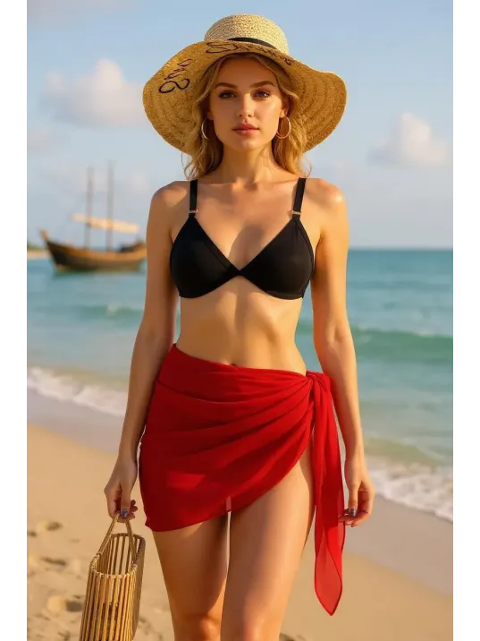 Kadın Kırmızı Transparan Belden Bağlamalı Pareo – Modern Ve Şık Tasarım