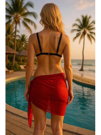 Kadın Kırmızı Transparan Belden Bağlamalı Pareo – Modern Ve Şık Tasarım