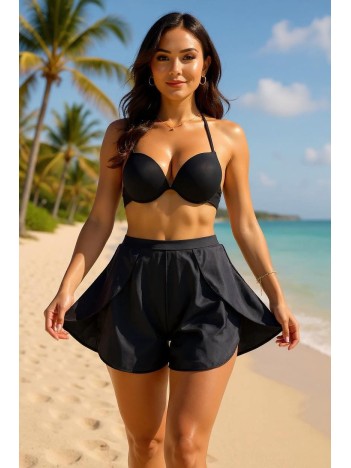 Kadın Siyah Yırtmaçlı Etek Görünümlü Şık Deniz Şortu – Modern ve Şık Tasarım