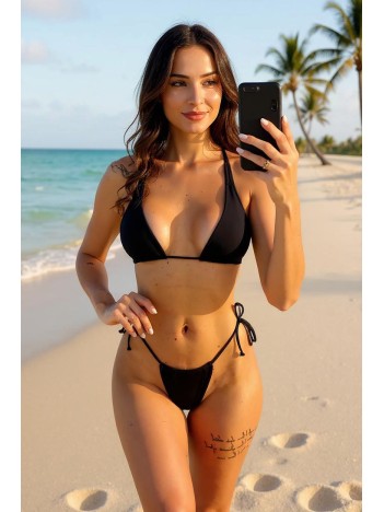 Kadın Siyah Yandan Bağlamalı Tangalı Üçgen Bikini Mayo Takımı – Modern, Konforlu Ve Günlük Kombinlere Uygun