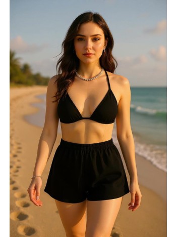 Kadın Siyah Şortlu Belden Ve Boyundan Bağlamalı Bikini Takımı – Modern, Konforlu Ve Günlük Kombinlere Uygun