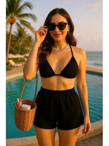 Kadın Siyah Şortlu Belden Ve Boyundan Bağlamalı Bikini Takımı – Modern, Konforlu Ve Günlük Kombinlere Uygun
