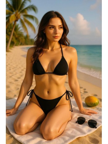 Kadın Siyah Yandan ve Boyundan Bağlamalı Bikini Mayo Takımı – Modern, Konforlu ve Günlük Kombinlere Uygun