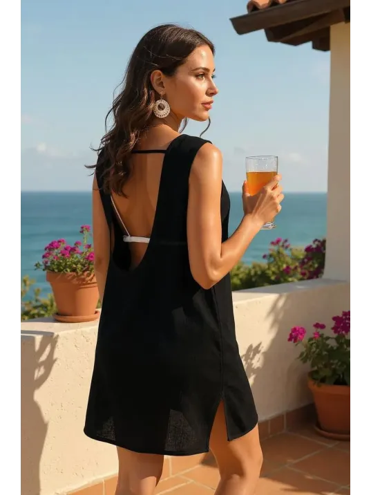 Kadın Siyah Sırt Detaylı Yırtmaçlı Plaj Elbisesi Pareo – Şık, Rahat Ve 4 Mevsim Kullanıma Uygun