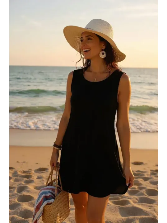 Kadın Siyah Sırt Detaylı Yırtmaçlı Plaj Elbisesi Pareo – Şık, Rahat Ve 4 Mevsim Kullanıma Uygun