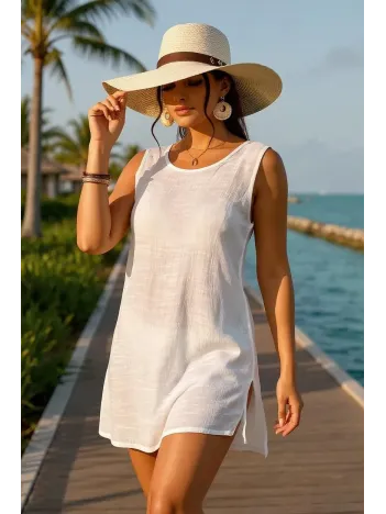 Kadın Beyaz Sırt Detaylı Yırtmaçlı Plaj Elbisesi Pareo – Şık, Rahat Ve 4 Mevsim Kullanıma Uygun