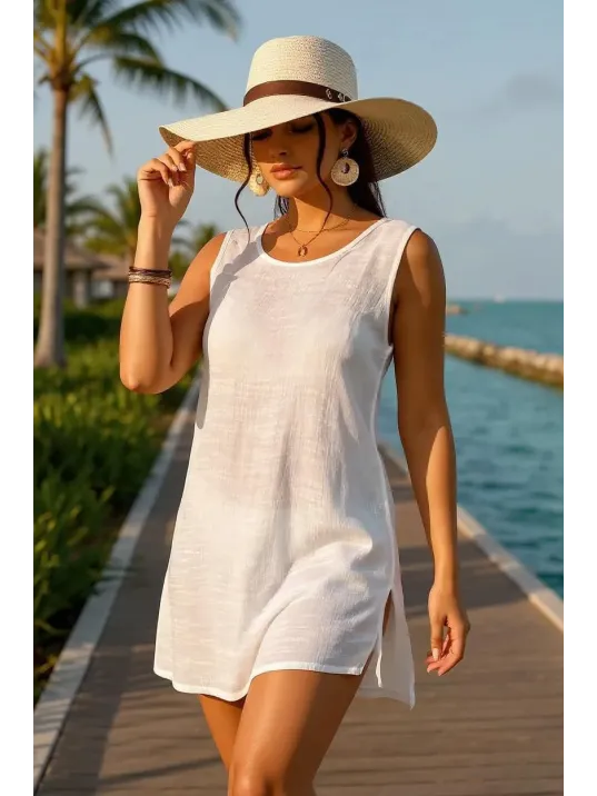 Kadın Beyaz Sırt Detaylı Yırtmaçlı Plaj Elbisesi Pareo – Şık, Rahat Ve 4 Mevsim Kullanıma Uygun