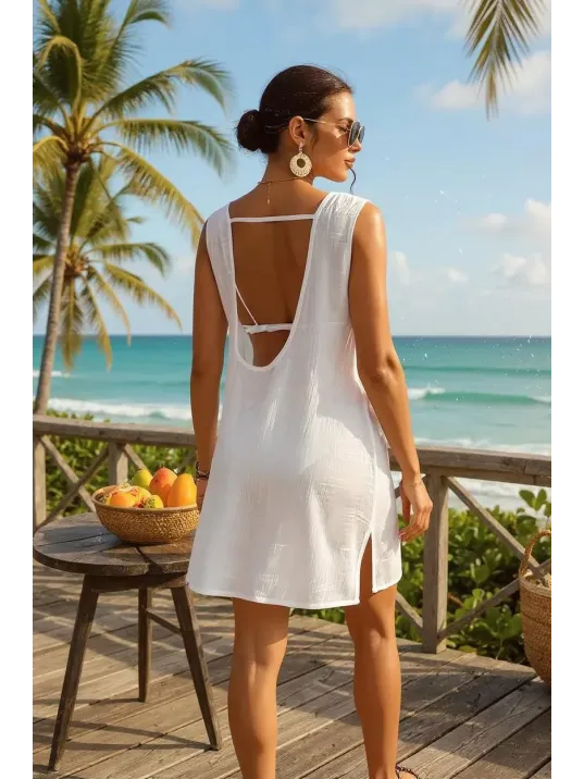 Kadın Beyaz Sırt Detaylı Yırtmaçlı Plaj Elbisesi Pareo – Şık, Rahat Ve 4 Mevsim Kullanıma Uygun