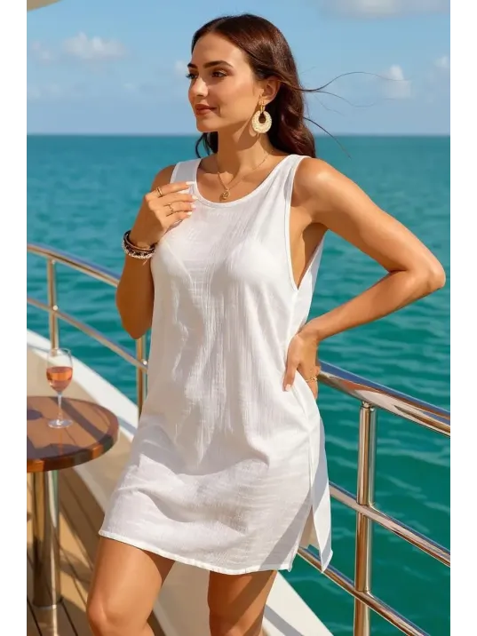 Kadın Beyaz Sırt Detaylı Yırtmaçlı Plaj Elbisesi Pareo – Şık, Rahat Ve 4 Mevsim Kullanıma Uygun