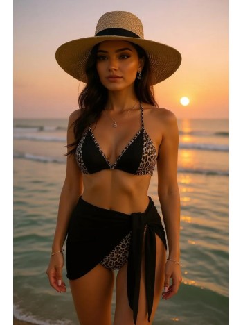 Kadın Siyah Ve Leopar Desenli Pareolu 3'lü Bikini Takımı – Modern, Konforlu Ve Günlük Kombinlere Uygun Kadın Siyah Ve Leopar Desenli Pareolu 3'lü Bikini Takımı – Modern, Konforlu Ve Günlük Kombinlere Uygun