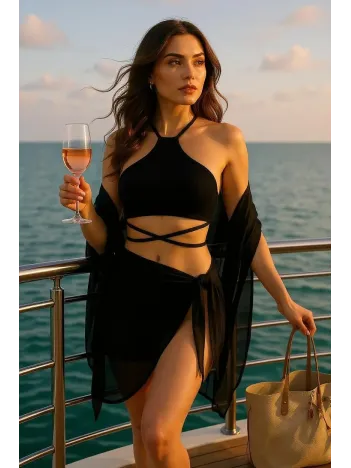 Kadın Siyah Çapraz Bağlamalı Crop Ve Pareo 2'li Set – Modern Ve Şık Tasarım