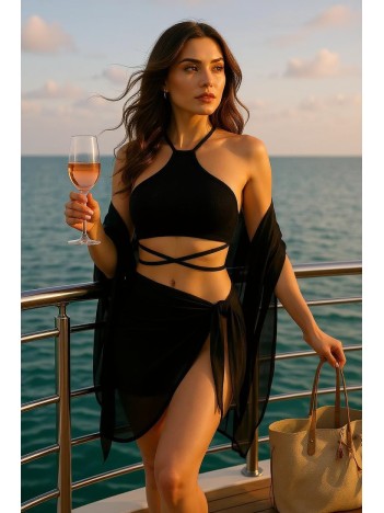 Kadın Siyah Çapraz Bağlamalı Crop ve Pareo 2'li Set – Modern ve Şık Tasarım