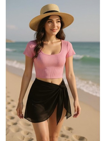 Kadın Pembe Yarım Kol Crop ve Siyah Pareo 2'li Set – Modern ve Şık Tasarım