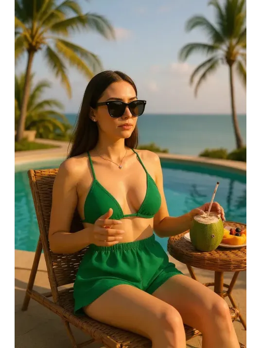 Kadın Yeşil Şortlu Belden Ve Boyundan Bağlamalı Bikini Takımı – Modern, Konforlu Ve Günlük Kombinlere Uygun