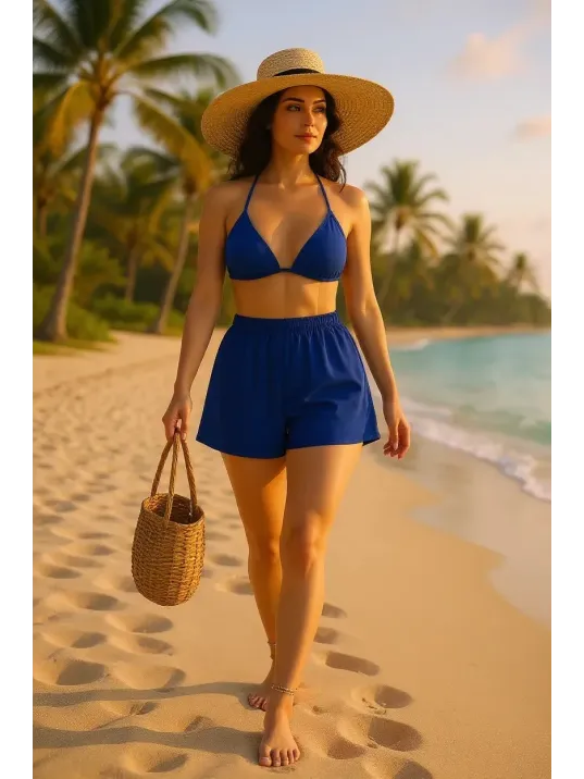 Kadın Mavi Şortlu Belden Ve Boyundan Bağlamalı Bikini Takımı – Modern, Konforlu Ve Günlük Kombinlere Uygun